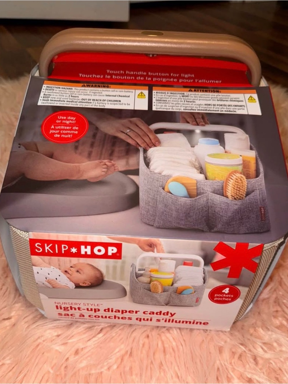 Skip Hop Gray Nursery Light-Up Diaper Caddy with Tan Handle